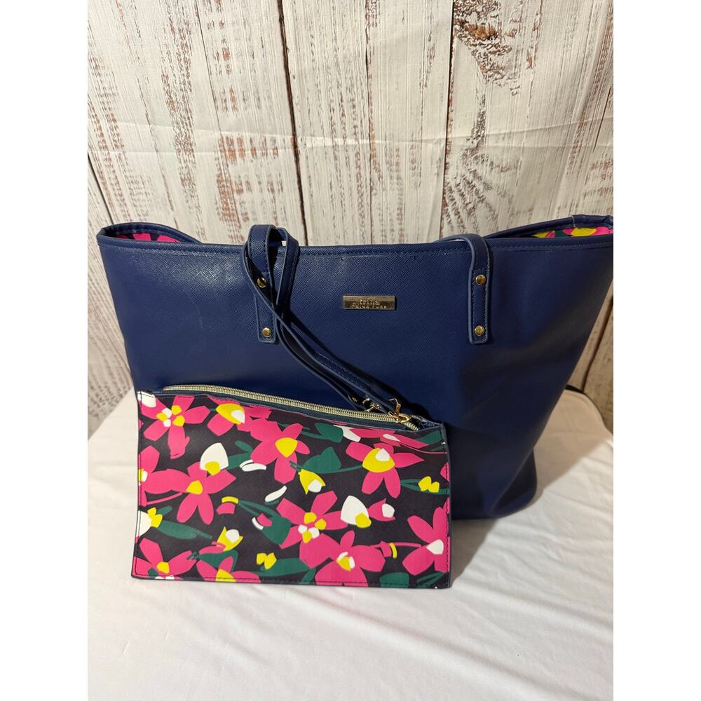 Trina Turk Blue Tote Bag + Matching Floral Wristlet Set